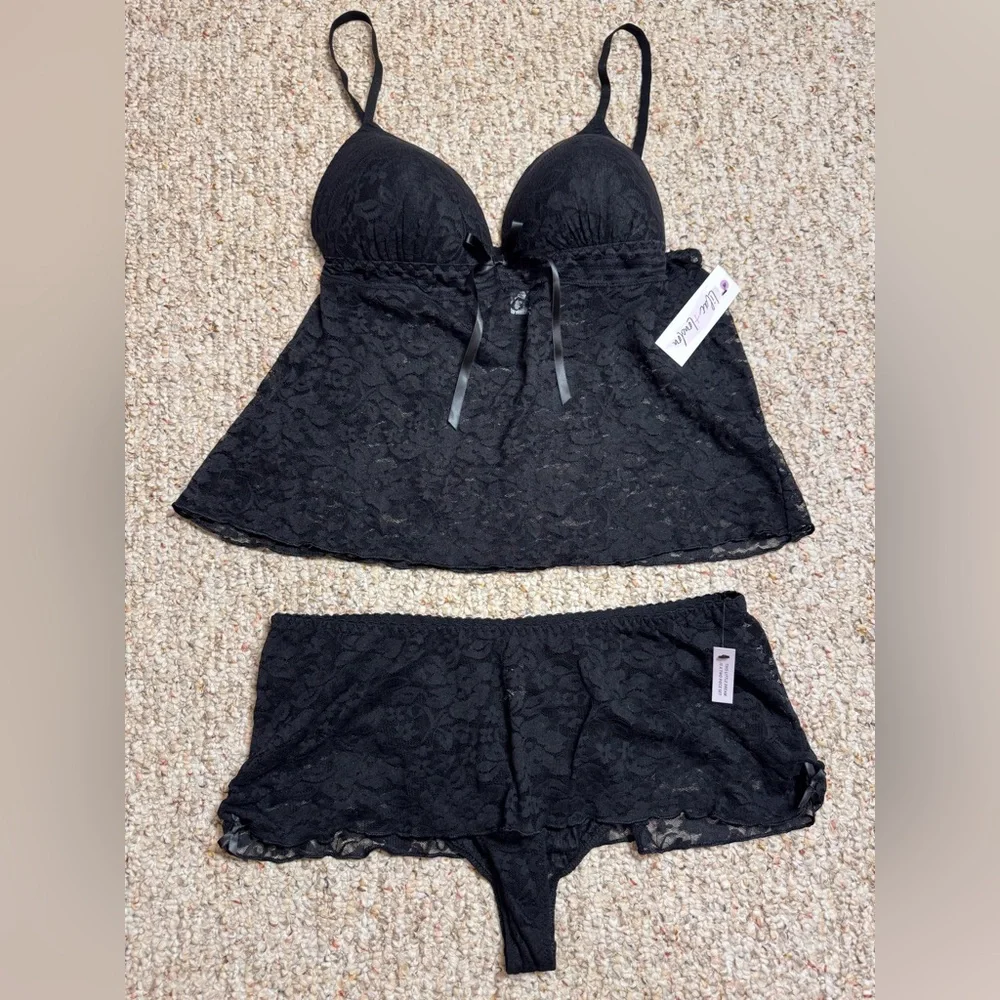 NWT Lingerie Set Lilac+London Stretch Lace Cami And Skirted Panty Black Size L